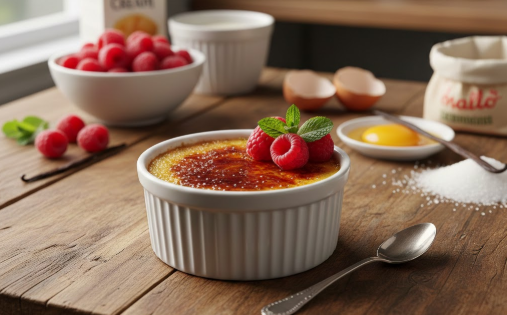 Creme bruleé with raspberries on a wooden table