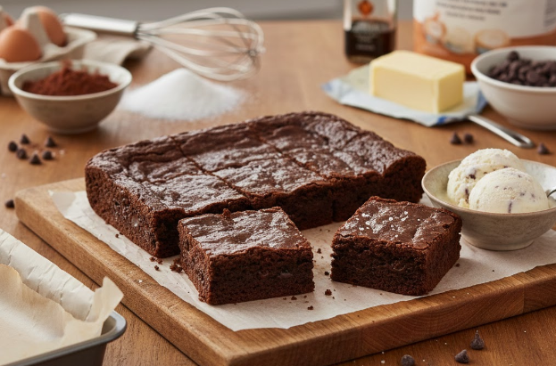 Chocolate Brownies on a wooden cutting board with ice cream and baking ingredients in the background